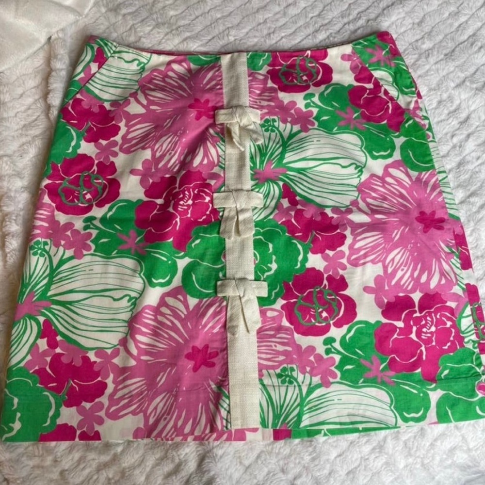 LILLY PULITZER Bow Floral Mini Pencil Skirt 4 Small Pink Zip Back Barbiecore